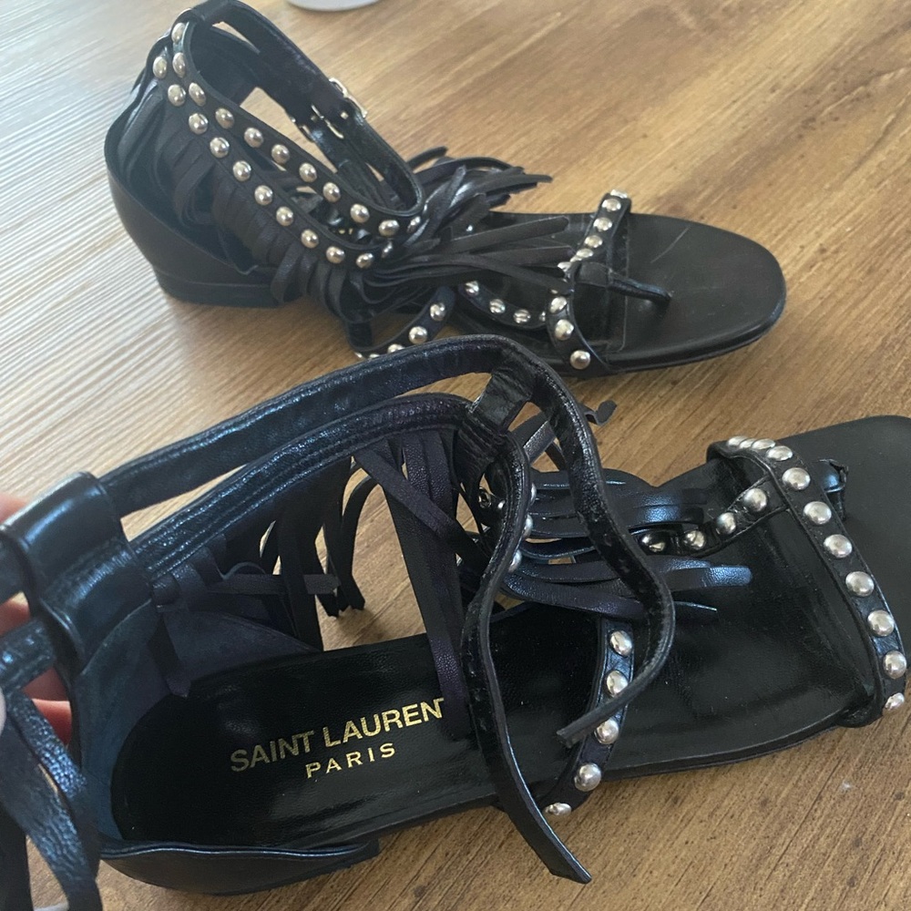 Saint Laurent Paris Nu Pieds Fringe & Studded Black Sandals